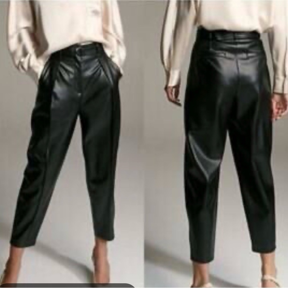 Babaton Aritzia Office Siren Black Vegan Leather Pleated Barrel Pants
